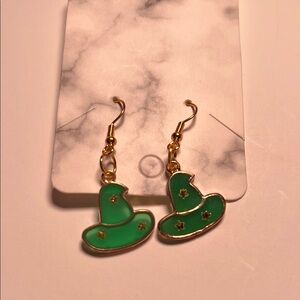 Green Witch Hat Earrings With Gold Stars